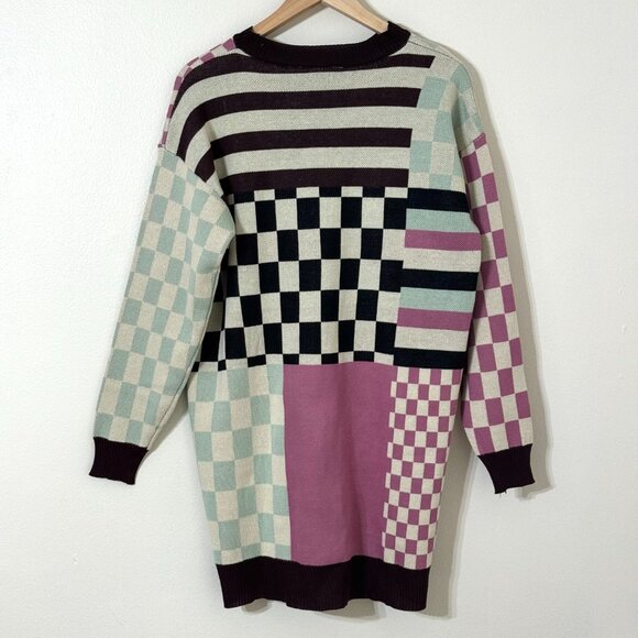 Daisy Street Patchwork Oversized Jumper Sweater Dress UK 8 US XS Stripe Checker - Picture 4 of 9